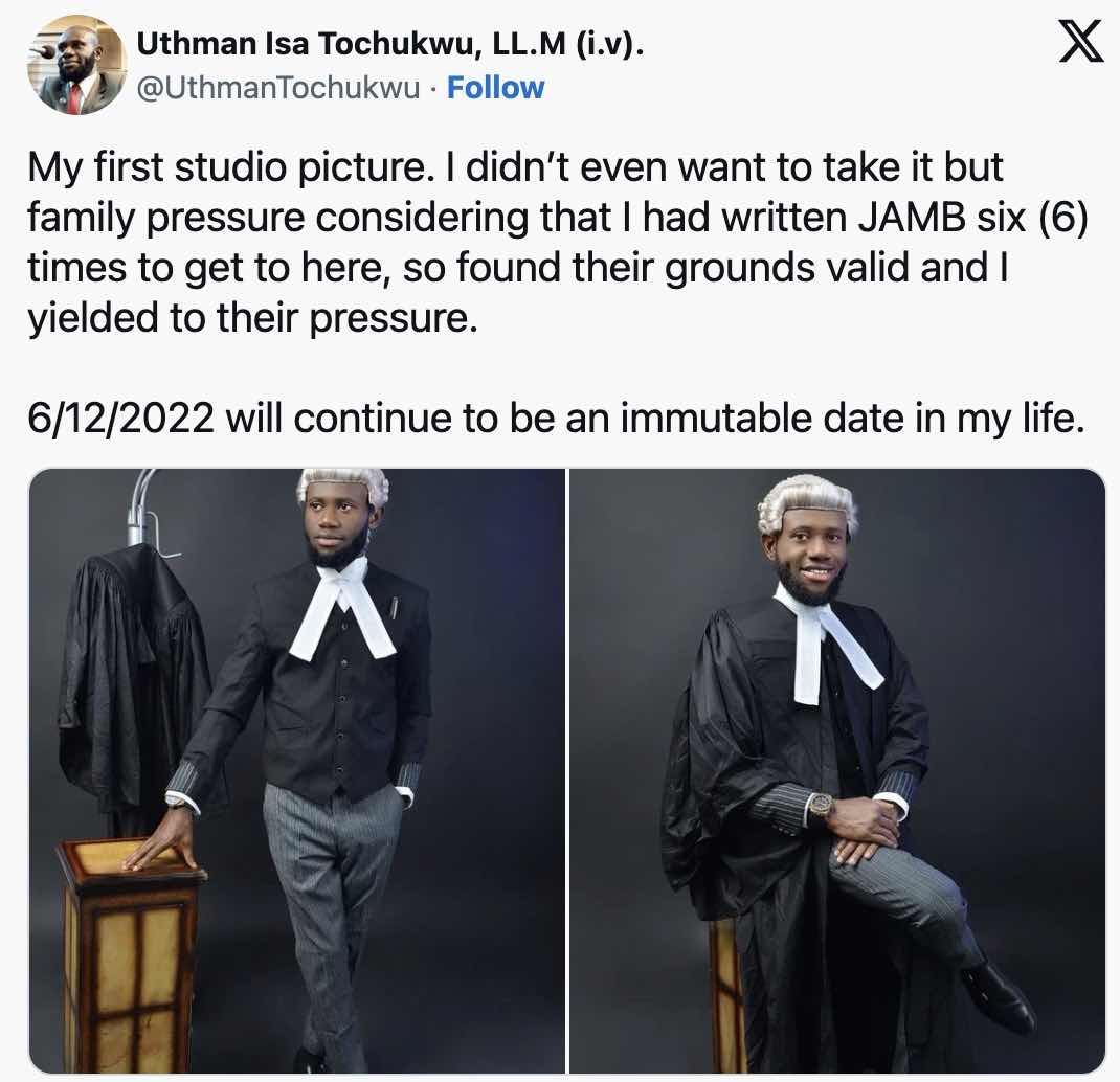 Lawyer recounts writing JAMB six times, joy after getting called to bar
